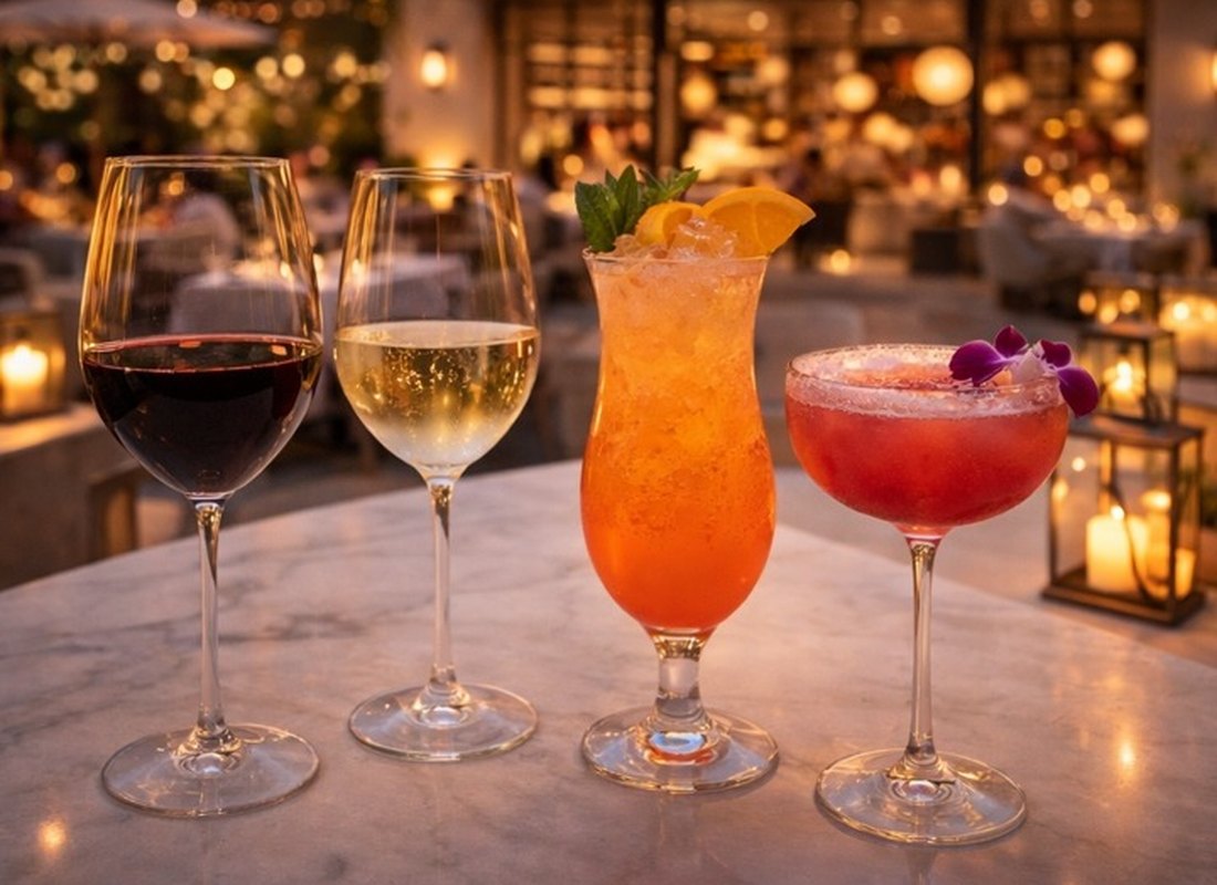 Wine and cocktails on the marble bar