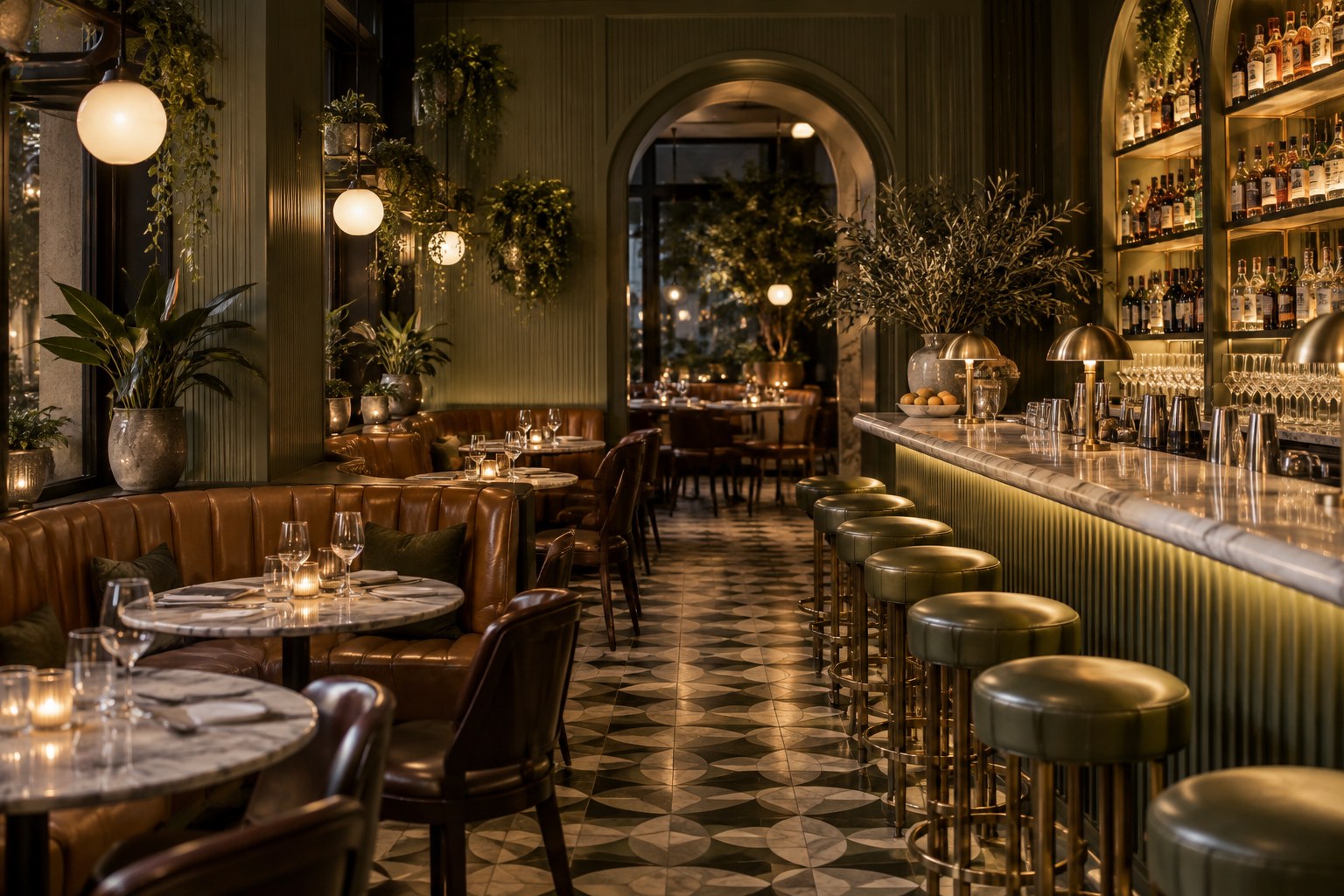 An Italian dining room and marble bar in sage green and caramel leather
